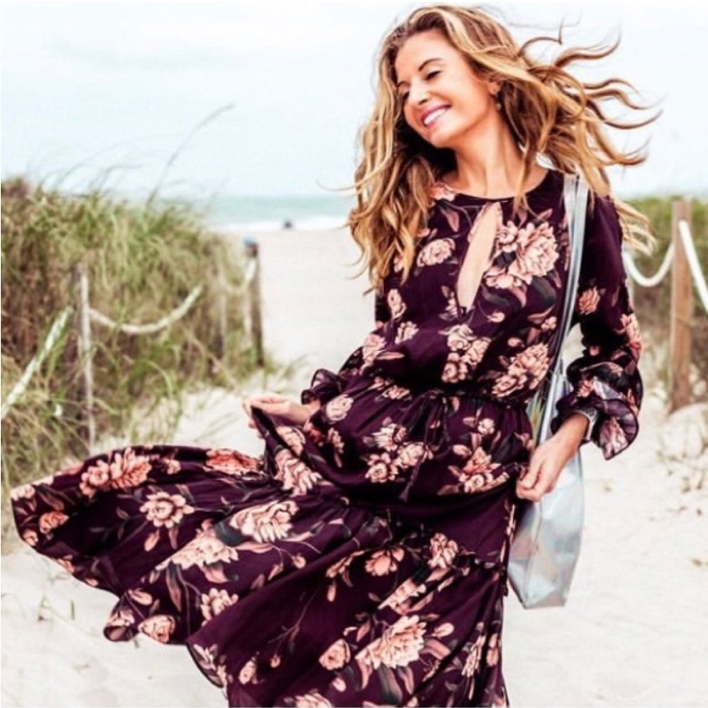 Johanna Ortiz x H&M Flounced Floral Maxi Dress with Ruffled Sleeves XS Brown